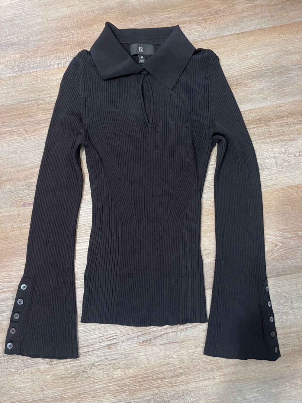 Banana Republic Black Ribbed Long-Sleeve Collared Knit Top